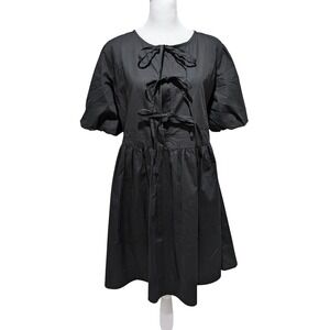 Falling Flower Black Cotton Triple Bow Front Puff Sleeve Babydoll‎ Mini Dress S